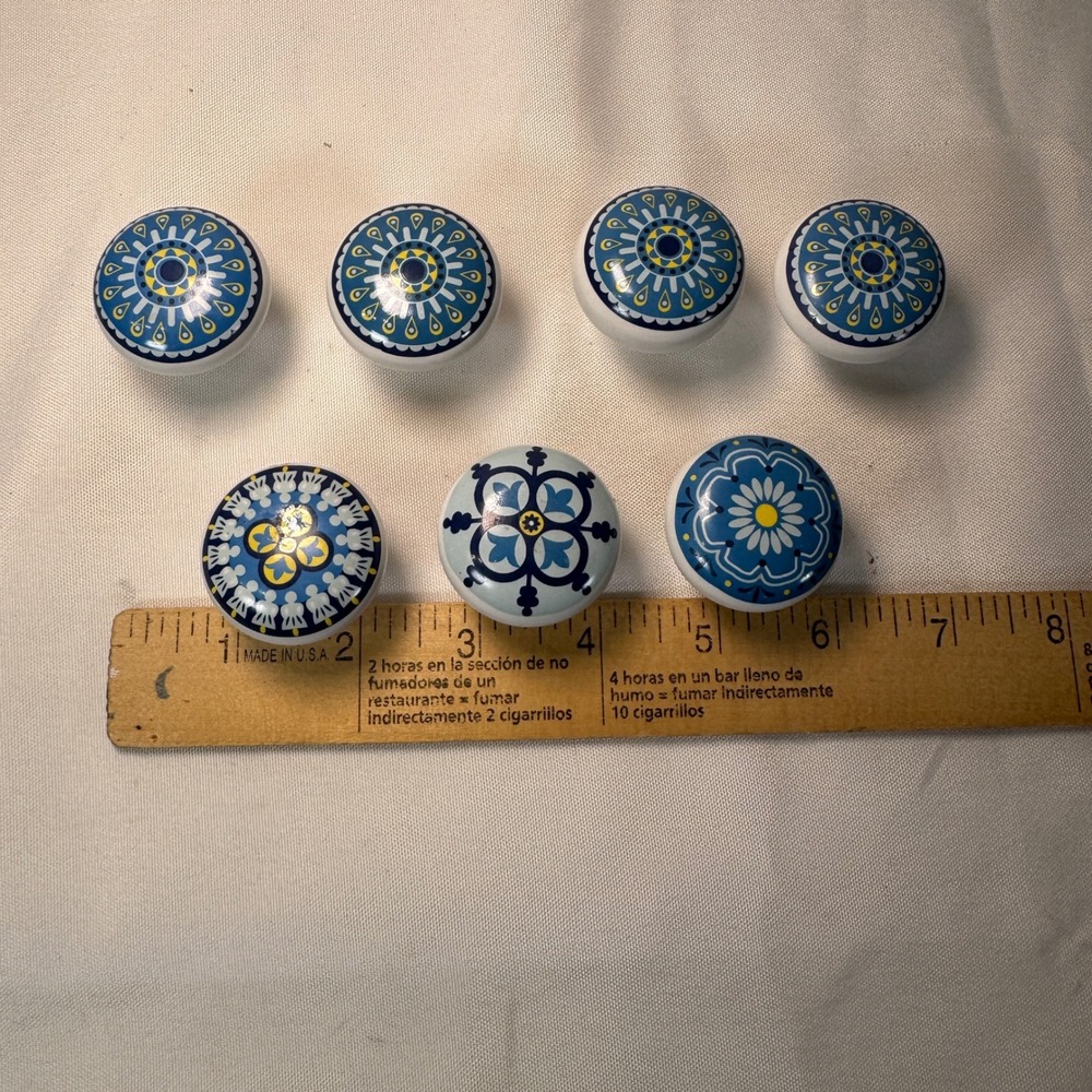 7pc Blue White Ceramic Drawer Knobs Hand Painted Style Floral Cabinet Pulls 1.5" - Picture 3 of 8